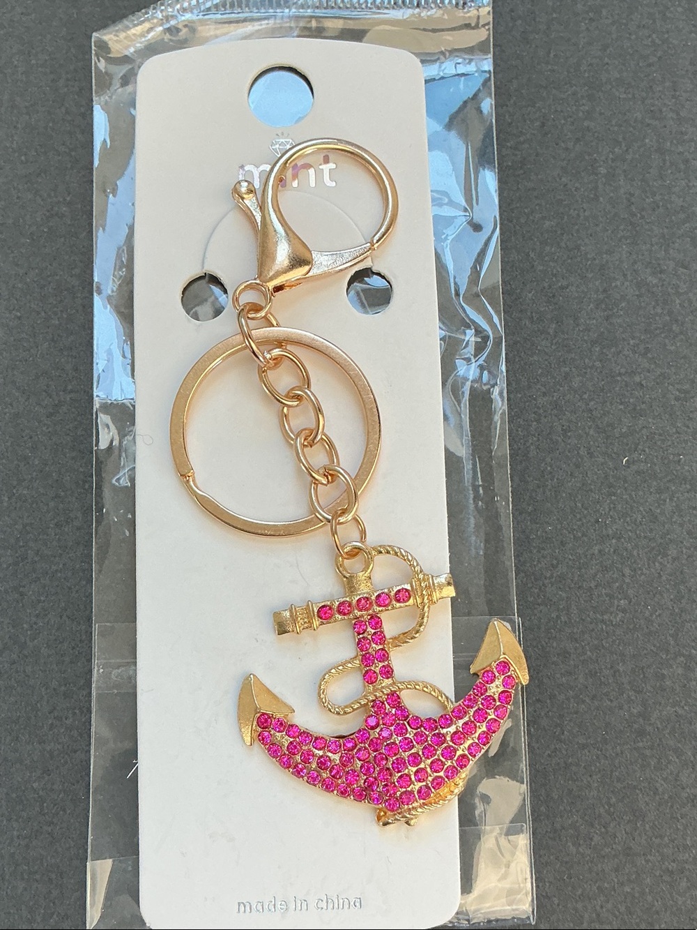 Mint Gold Anchor Keychain/bag charm with Pink Crystal Accent